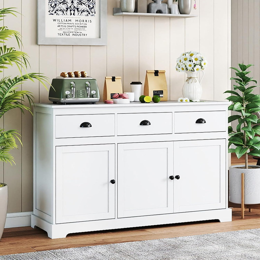 COSTWAY Sideboard Buffet Cabinet with Storage, Modern Coffee Bar Station with Drawers, Doors and Adjustable Shelves, Wooden Kitchen Storage Cabinet for Room (White)