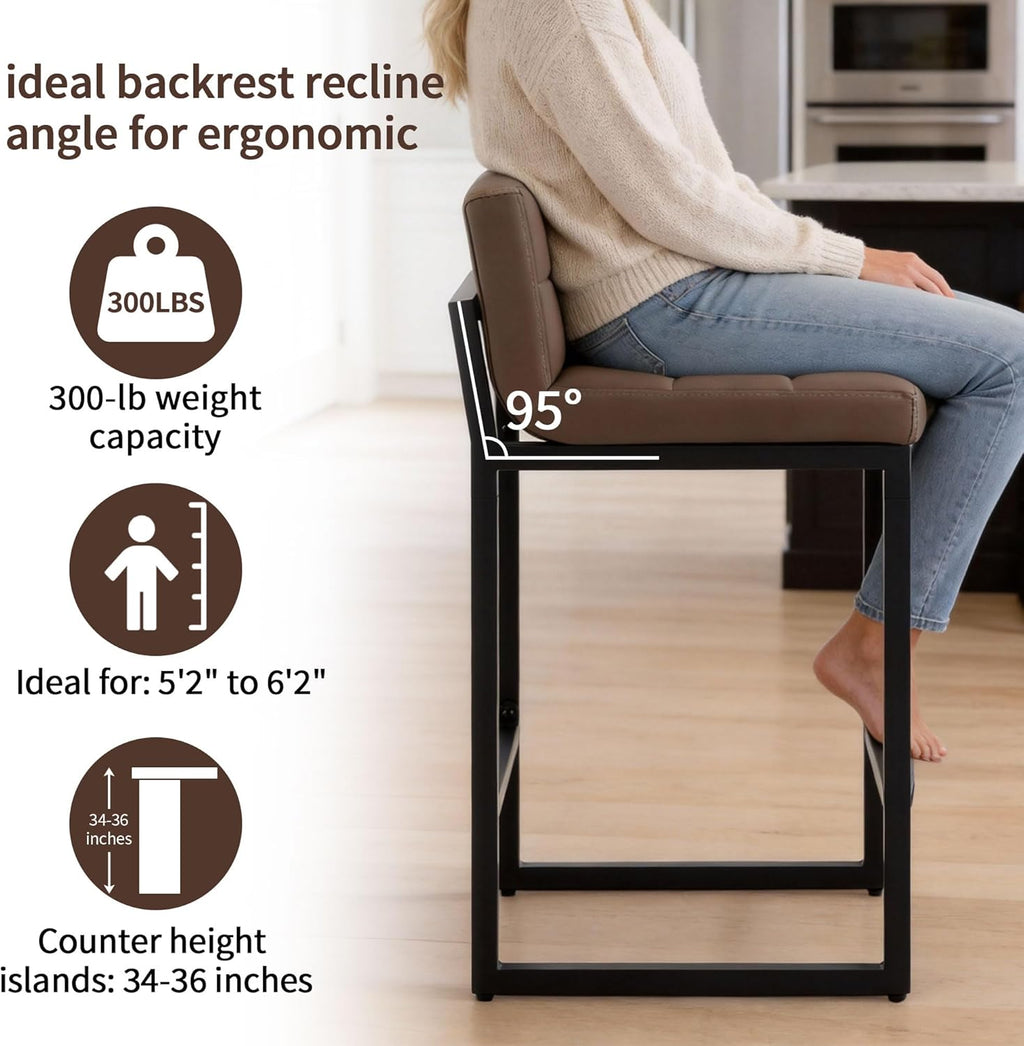 FIRAVOE Bar Stools Set of 3, Upholstered PU Leather Counter Height Barstools with Low Back and Thickened Metal Legs, Modern Chairs for Kitchen Island, Bar (Coffee Brown, 3Pcs 26" Counter Stools)