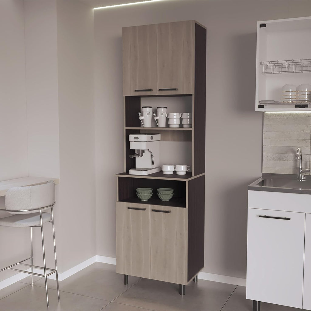 Bullhead City Kitchen Pantry with 4 Doors, White Oak and Wengue | Combines open shelves and closed cabinet in multi-color design