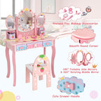 Costzon Kids Vanity Table & Chair Set, 2 in 1 Princess Makeup Dressing Table w/Detachable Top, Toddler Vanity w/Tri-fold Mirror, Drawers & Accessories, Vanity Set for Little Girls, Pink