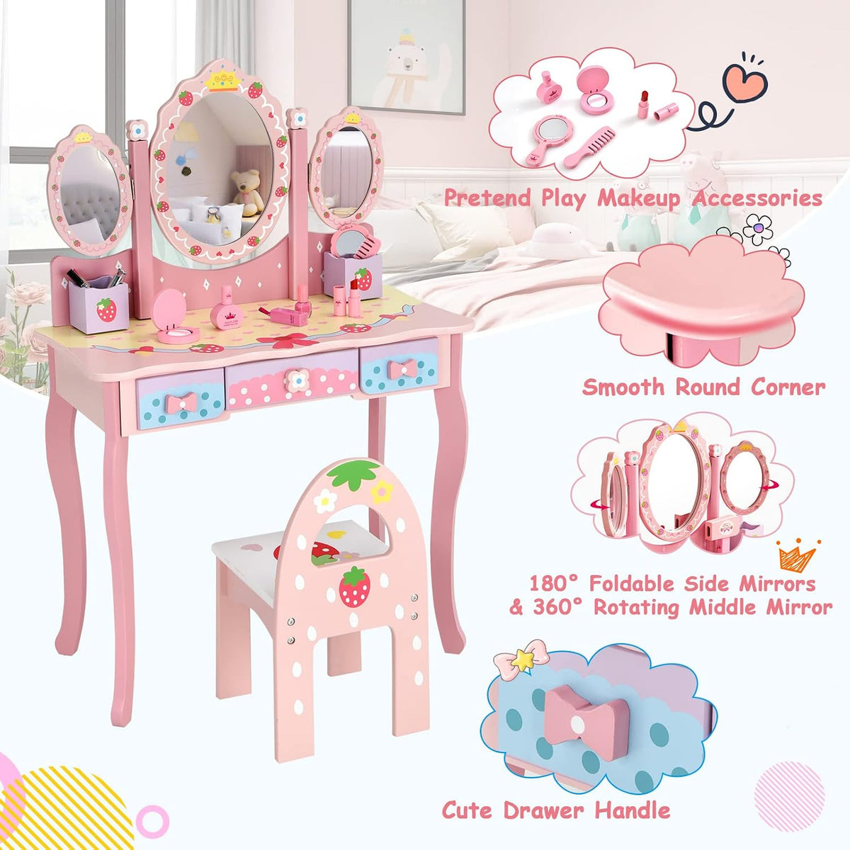 Costzon Kids Vanity Table & Chair Set, 2 in 1 Princess Makeup Dressing Table w/Detachable Top, Toddler Vanity w/Tri-fold Mirror, Drawers & Accessories, Vanity Set for Little Girls, Pink
