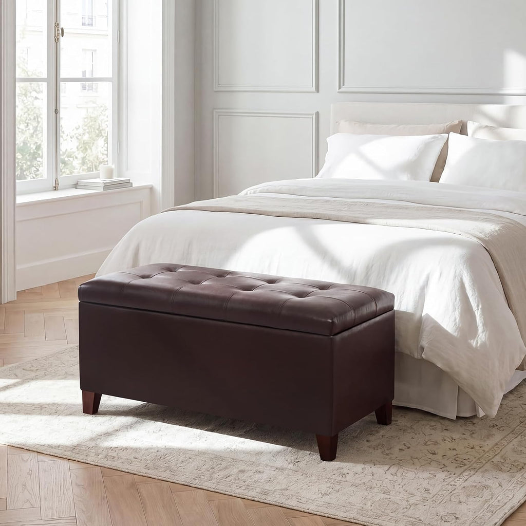 Asense Storage Ottoman Bench, 33" Faux Leather Upholstered End of Bed Bench with Safety Hinge,Wooden Legs,for Entryway Bedroom Living Room,Chocolate Brown