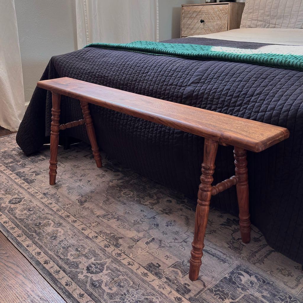 East at Main Skinny Wooden Bench for Entryway Hallway or End of Bed Handmade Solid Wood Bench with Turned Legs Farmhouse Rustic French Country and Modern Style