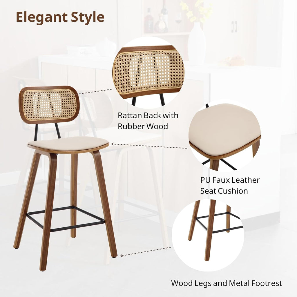 HEAH-YO Rattan Counter Stools Set of 2, 26 Inches Counter Height Bar Stools with Backrests and Wood Legs, Modern PU Leather Rattan Stool for Kitchen Island, PU Beige