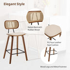 HEAH-YO Rattan Counter Stools Set of 2, 26 Inches Counter Height Bar Stools with Backrests and Wood Legs, Modern PU Leather Rattan Stool for Kitchen Island, PU Beige