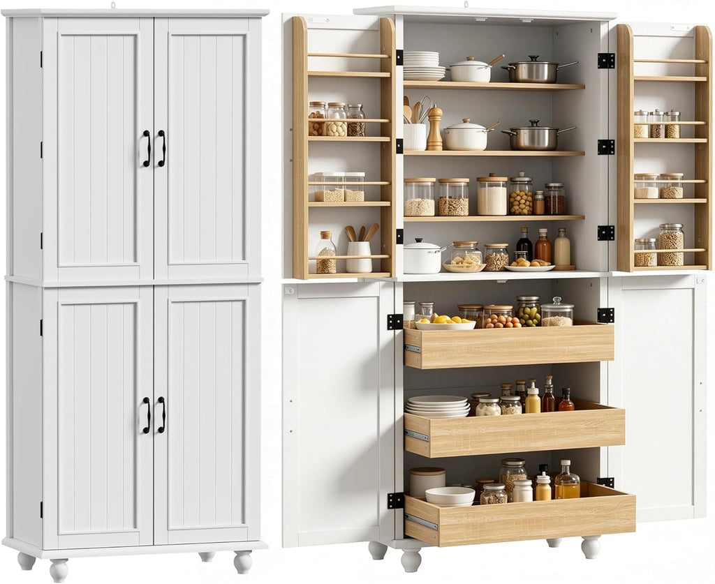 Scurrty Kitchen Pantry Cabinet, 69'' Pantry Storage Cabinet with 4 Doors and Shelves, Farmhouse Kitchen Cabinet with 3 Drawers, Freestanding Wooden Cupboard for Living Room and Dinning Room (White)