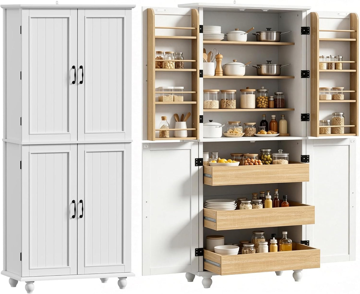 Scurrty Kitchen Pantry Cabinet, 69'' Pantry Storage Cabinet with 4 Doors and Shelves, Farmhouse Kitchen Cabinet with 3 Drawers, Freestanding Wooden Cupboard for Living Room and Dinning Room (White)