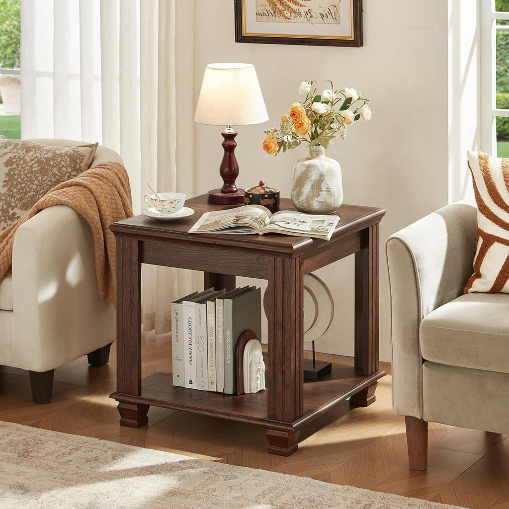 SAVOR LIFE Farmhouse End Table,Large Side Table with 2-Tier Storage Shelf,Rustic Brown End Tables for Living Room,Square Tea Table,Walnut