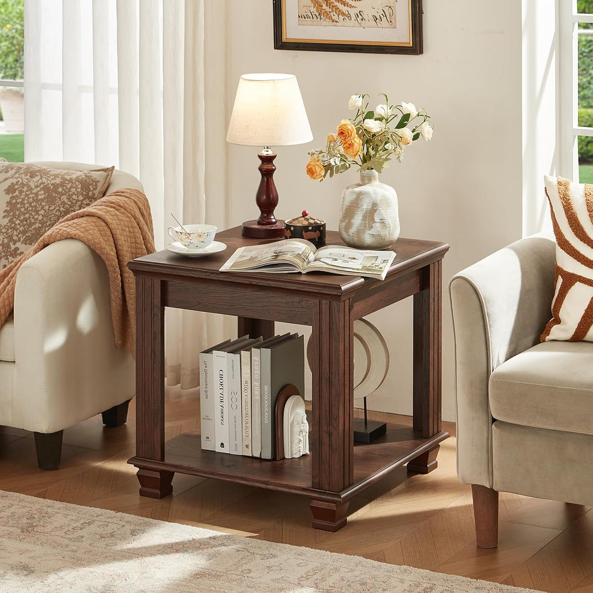 SAVOR LIFE Farmhouse End Table,Large Side Table with 2-Tier Storage Shelf,Rustic Brown End Tables for Living Room,Square Tea Table,Walnut