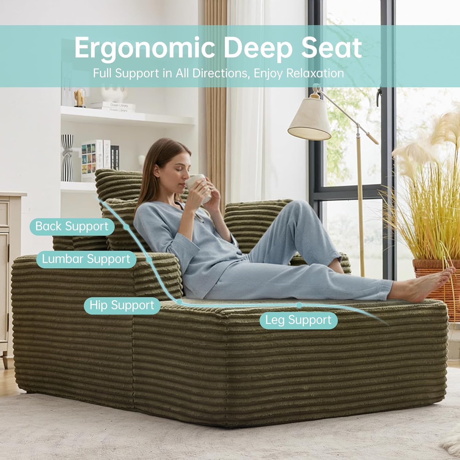 Couch Chaise Lounge Chair, 54" Oversized Cloud Sofa with Deep Seat, Plush Corduroy Reading Chair for Living Room, Bedroom, Reading Nook, Apartment, Gaming Room & Movie Nights, Green