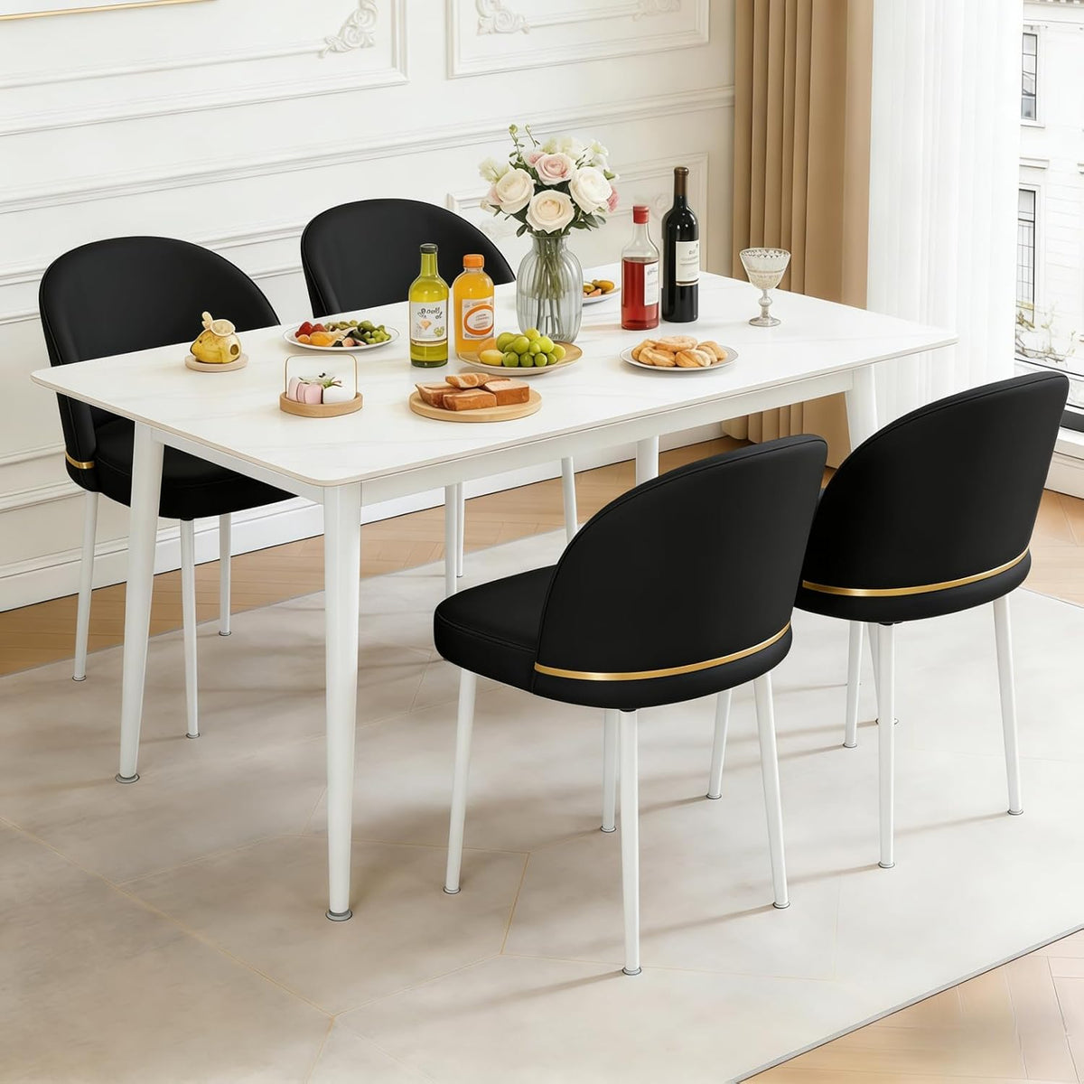 JPBSTO Modern Dining Chairs Set of 4, Swivel Upholstered Fabric Dining Chair with Metal Legs, Curved Backrest for Dining Room, Restaurant, Black