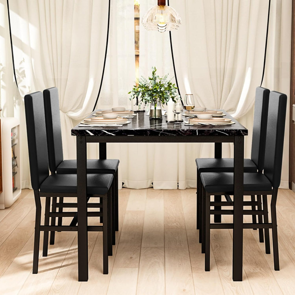 DKLGG 5-Piece Dining Table Set for 4, Faux Marble Kitchen Table Chairs Set of 4 with Upholstered Chairs, Modern Dining Room Table Set for Small Spaces (Black+Black)