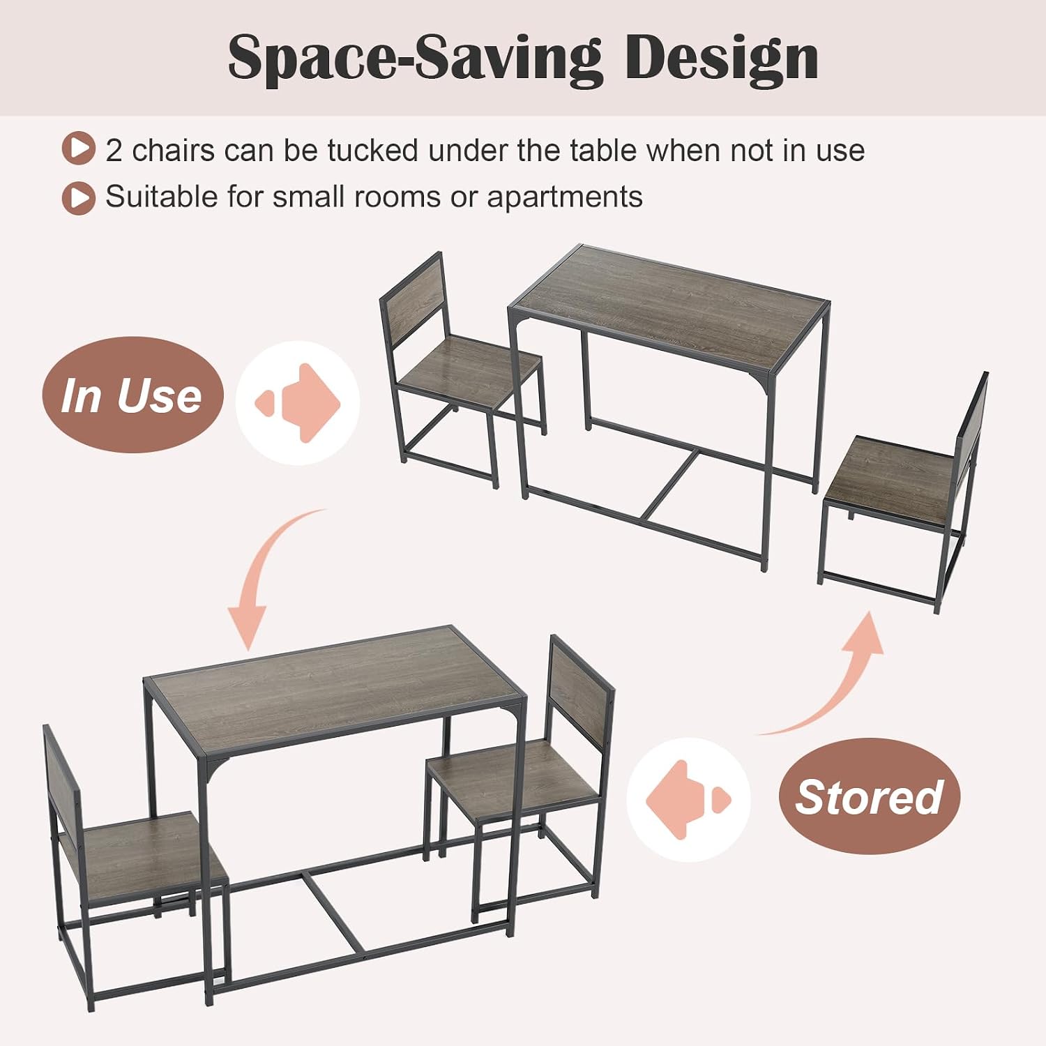 Giantex 3-Piece Dining Table Set for 2, Small Industrial Kitchen Table with 2 Chairs, Metal Frame, Space Saving Dinette Set for Breakfast Nook Dinner Small Space Apartment Living Room, Grey Oak
