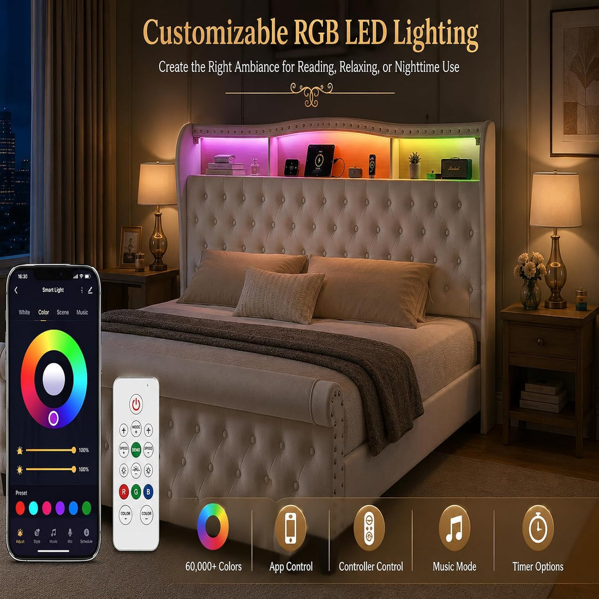 King Size Bed Frame with 51.2" Tall Lighted Storage Headboard and Charging Station, Velvet Upholstered Tufted Wingback Platform Bed with Footboard, No Box Spring Needed, Noise-Free