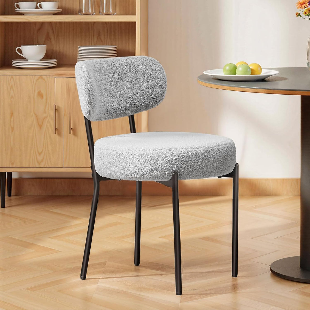 NEWBULIG Dining Chairs Set of 4, Mid Century Modern Dining Room Kitchen Side Chair with Fabric Upholstered Seat, Curved Backrest and Black Metal Legs, Grey