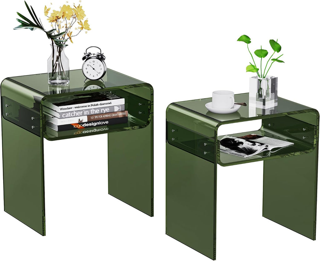 Clear Acrylic End Table 2-Tier Bedside Nightstand for Living Room Bedroom (1, Green Double)