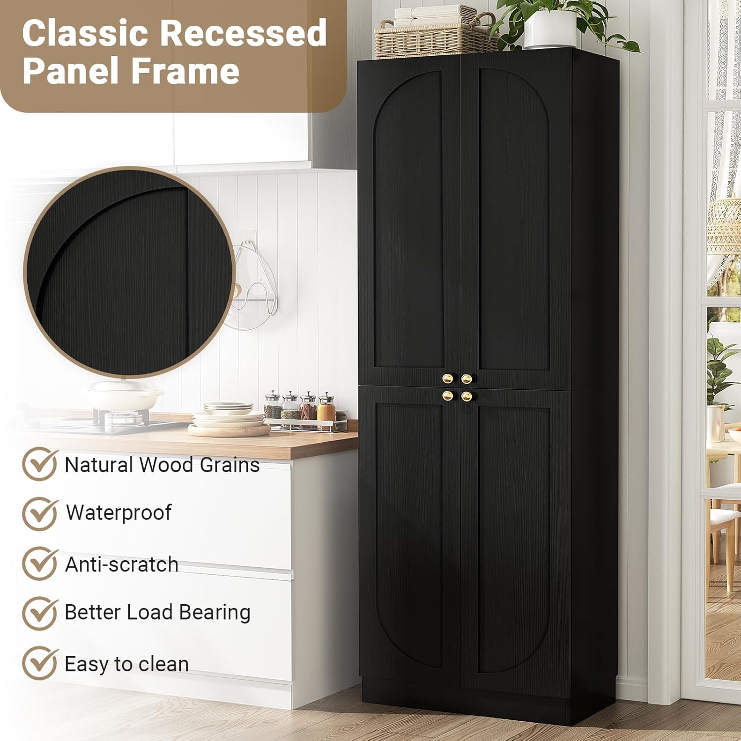 Cyclysio 80" Kitchen Pantry Cabinet with 6 Drawers, Wide Arched Kitchen Storage Cabinets with 6-Tier Open Shelves, Wood Floor Cupboard with Seamless Fit Wall for Living Room, Kitchen, Bathroom