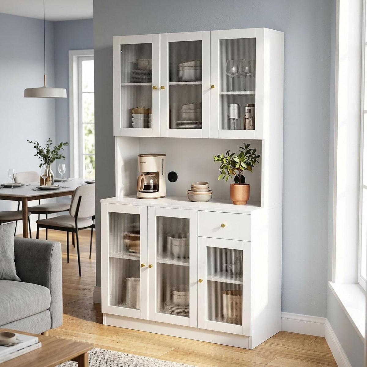 71" Kitchen Pantry Cabinet with Storage, Tall Kitchen Pantry Cabinet with Countertop Soft Close Glass Doors, Tall Kitchen Hutch Cabinet with Drawer & Adjustble Shelves for Kitchen White