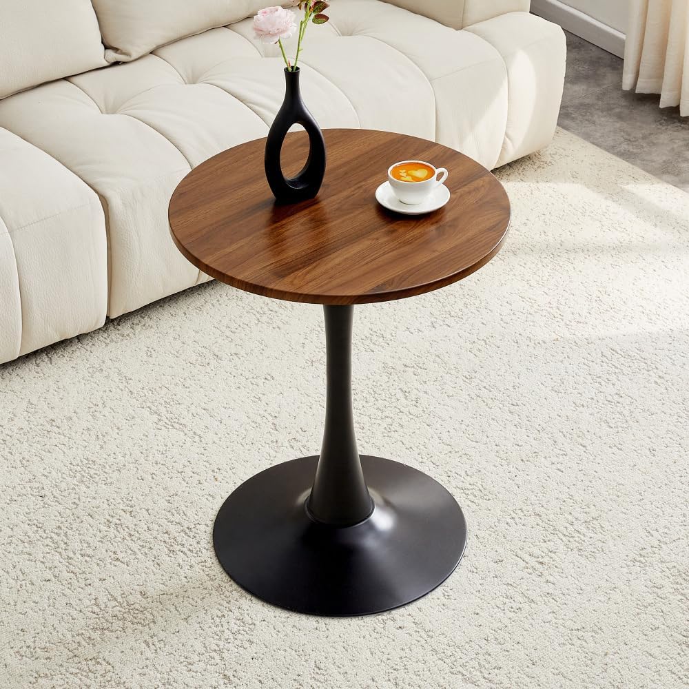 Round Dining Table, 23.6" Circle Tulip Table with Thickened Tabletop & Metal Pedestal, Mid Century Modern Bistro Table for Kitchen, Small Places, Living Room, Cafe (Walnut + MDF)