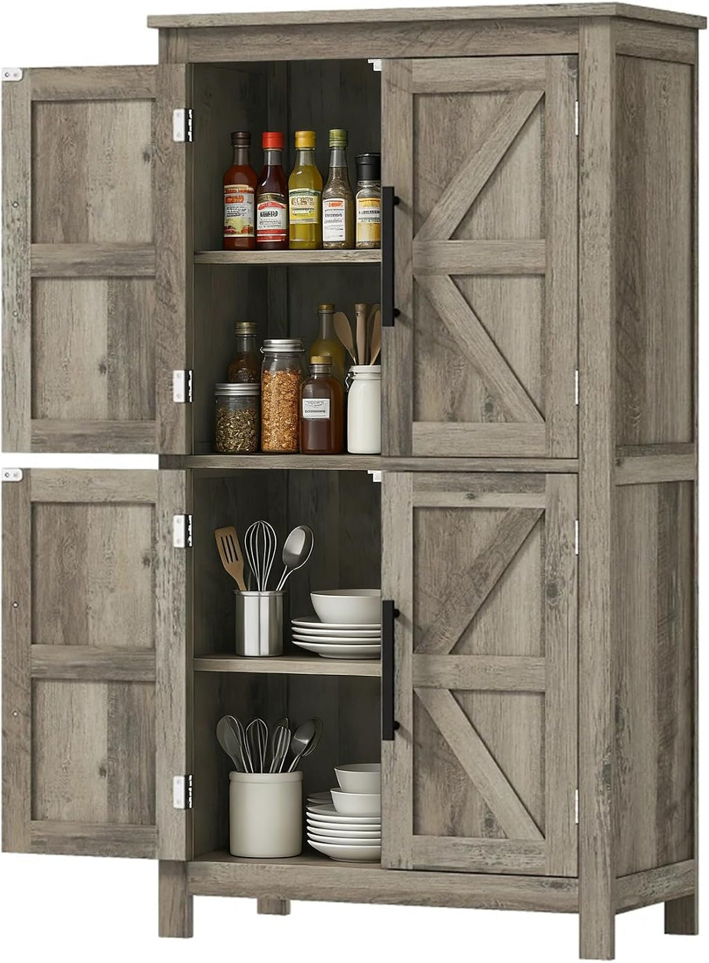 Kitchen Pantry Cabinet, 43.3” Wood Pantry Storage Cabinet with 4 Doors and 2 Adjustable Shelves, Freestanding Food Cabinet for Pantries, Kitchen, Livingroom, Dining Room, Light Gray