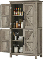 Kitchen Pantry Cabinet, 43.3” Wood Pantry Storage Cabinet with 4 Doors and 2 Adjustable Shelves, Freestanding Food Cabinet for Pantries, Kitchen, Livingroom, Dining Room, Light Gray