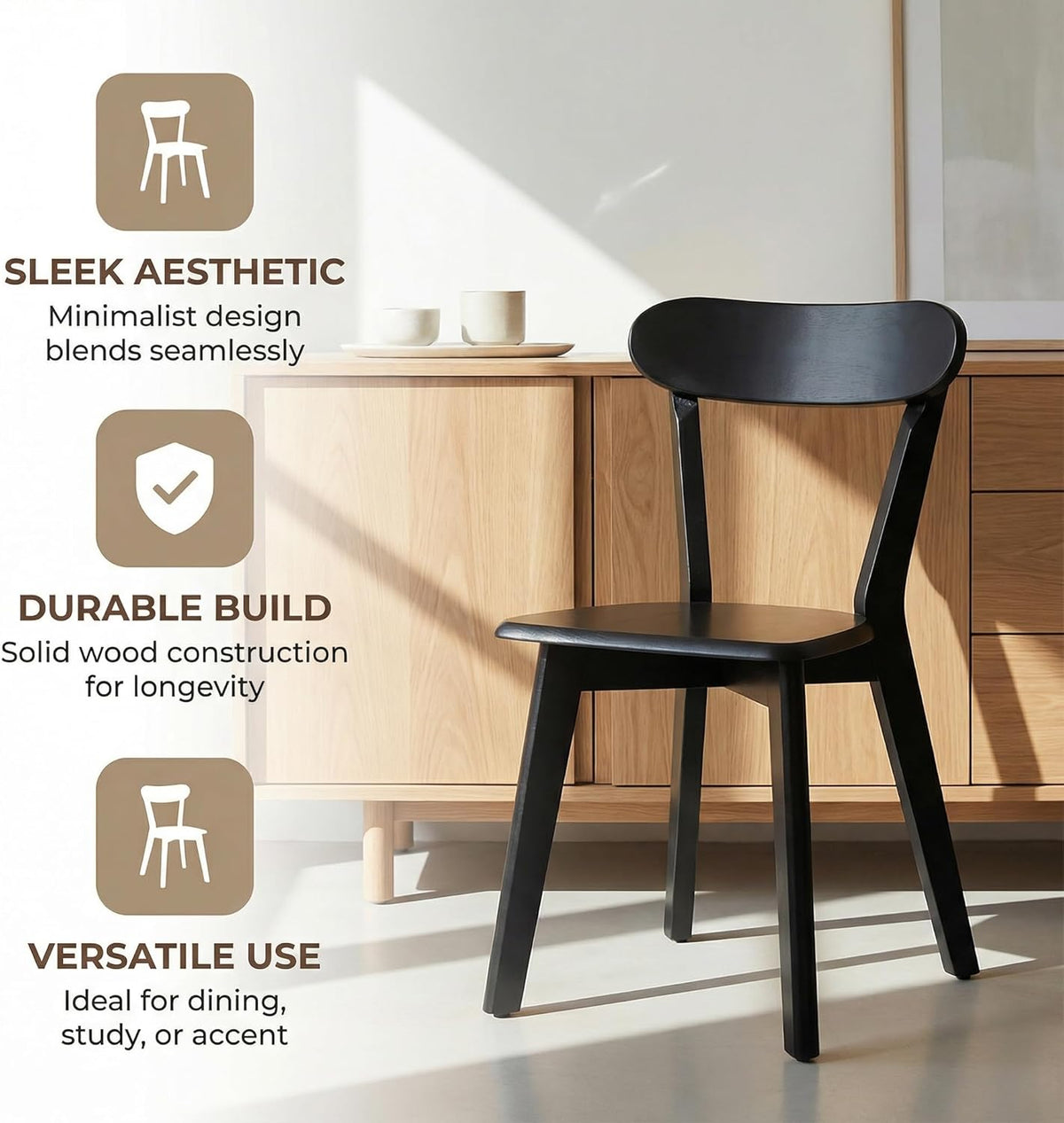 HNY Farmhouse Solid Wood Dining Chairs Set of 4, Mid Century Modern Armless Kitchen & Dining Room Chairs with Curved Back, 300 LBS Capacity, Black for Home, Apartment