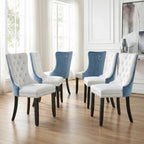 Modern Dining Chairs Set of 6, Tufted Upholstered Dining Room Chairs with Nailhead, PU Leather Front & Velvet Back, Solid Wood Legs, Kitchen Chairs, Sillas de Comedor (White & Light Blue)