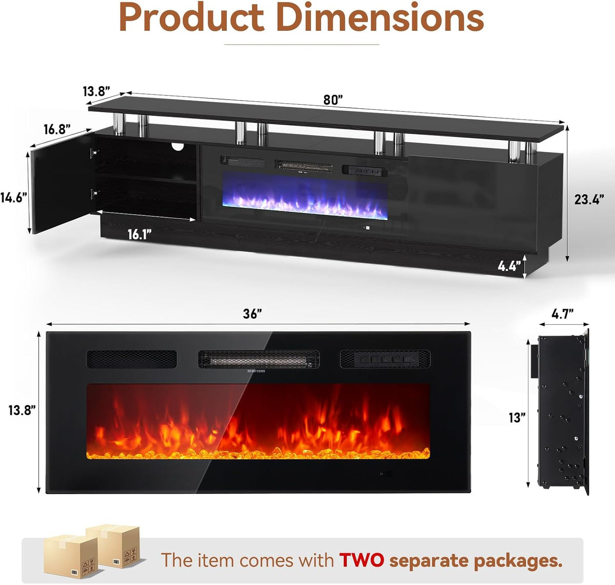 80" Fireplace TV Stand, 2-Tier LED Entertainment Center with 36" Fireplace, Fits TVs up to 90", Modern High Gloss TV Console with LED Lights & Storage Cabinets for Living Room, Black + Black