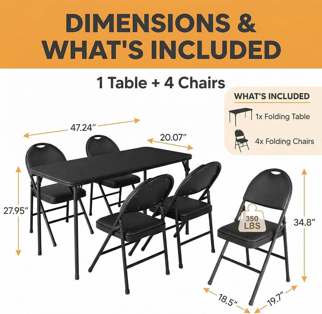 IDEALHOUSE 5 Piece Protable Folding Card Table and Chairs Set, Black | Foldable PU Upholstered Table and Chairs Set of 5, Metal Frame, for Dining Room, Living Room, Office, Camping