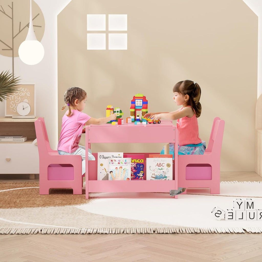 Kids Table and Chair Set - 4 in 1 Wooden Activity Table & 2 Chairs, Storage Drawer, Detachable Tabletop, for Drawing, Reading, Crafts, Art, Homework