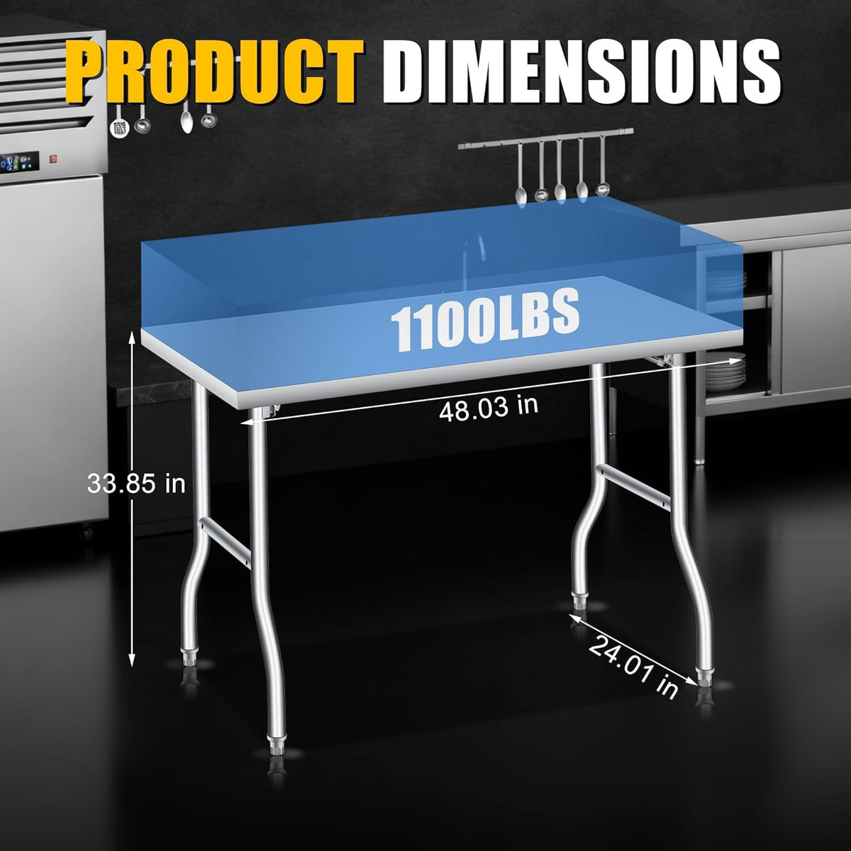 Foldable Stainless Steel Table 48x24 Inch, 1-Tier Portable Workstation, Commercial & Utility Table for Kitchen Prep, Catering, Garage, Workshop and Home Use, 600 LB Capacity