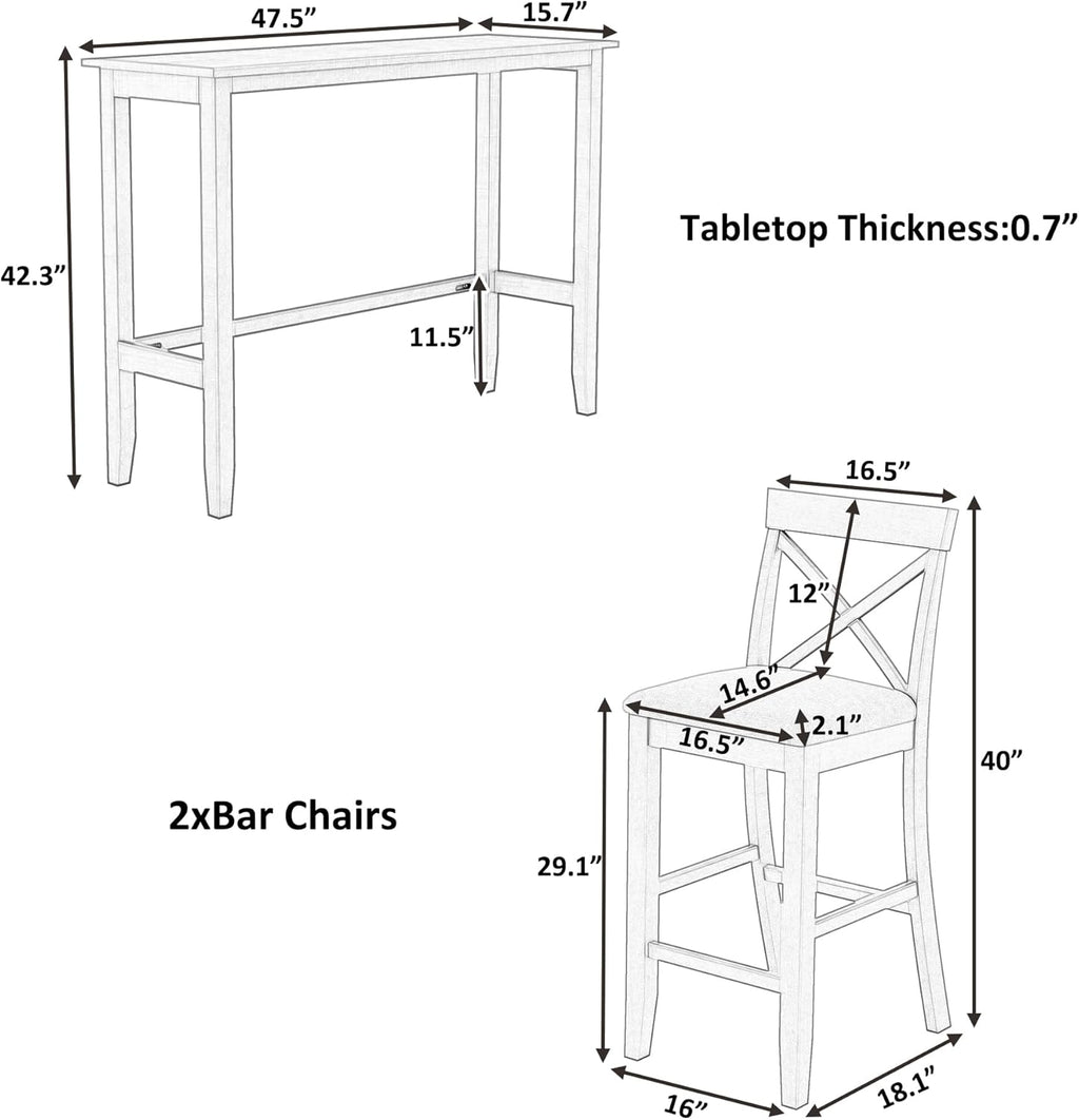 LUMISOL 3 Piece Pub Table and Chair Set, Small Wood Counter Height Bar Table Set for 2, Breakfast Nook Table Set, 3 Piece High Top Dining Table for Kitchen, White + Beige