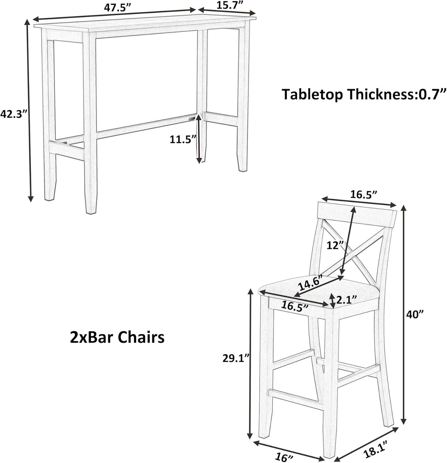 LUMISOL 3 Piece Pub Table and Chair Set, Small Wood Counter Height Bar Table Set for 2, Breakfast Nook Table Set, 3 Piece High Top Dining Table for Kitchen, White + Beige