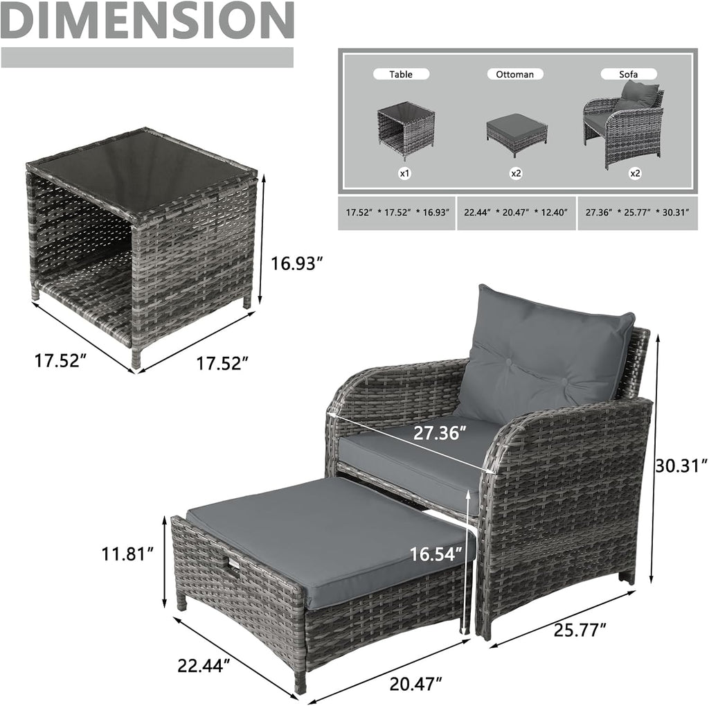 Patio Chair with Ottomans and Table, 5 Piece PE Wicker Rattan Outdoor Patio Furniture Set, Space Saving Design Outdoor Chairs with Ottomans Set for Balcony Poolside Front Porch Deck, Grey