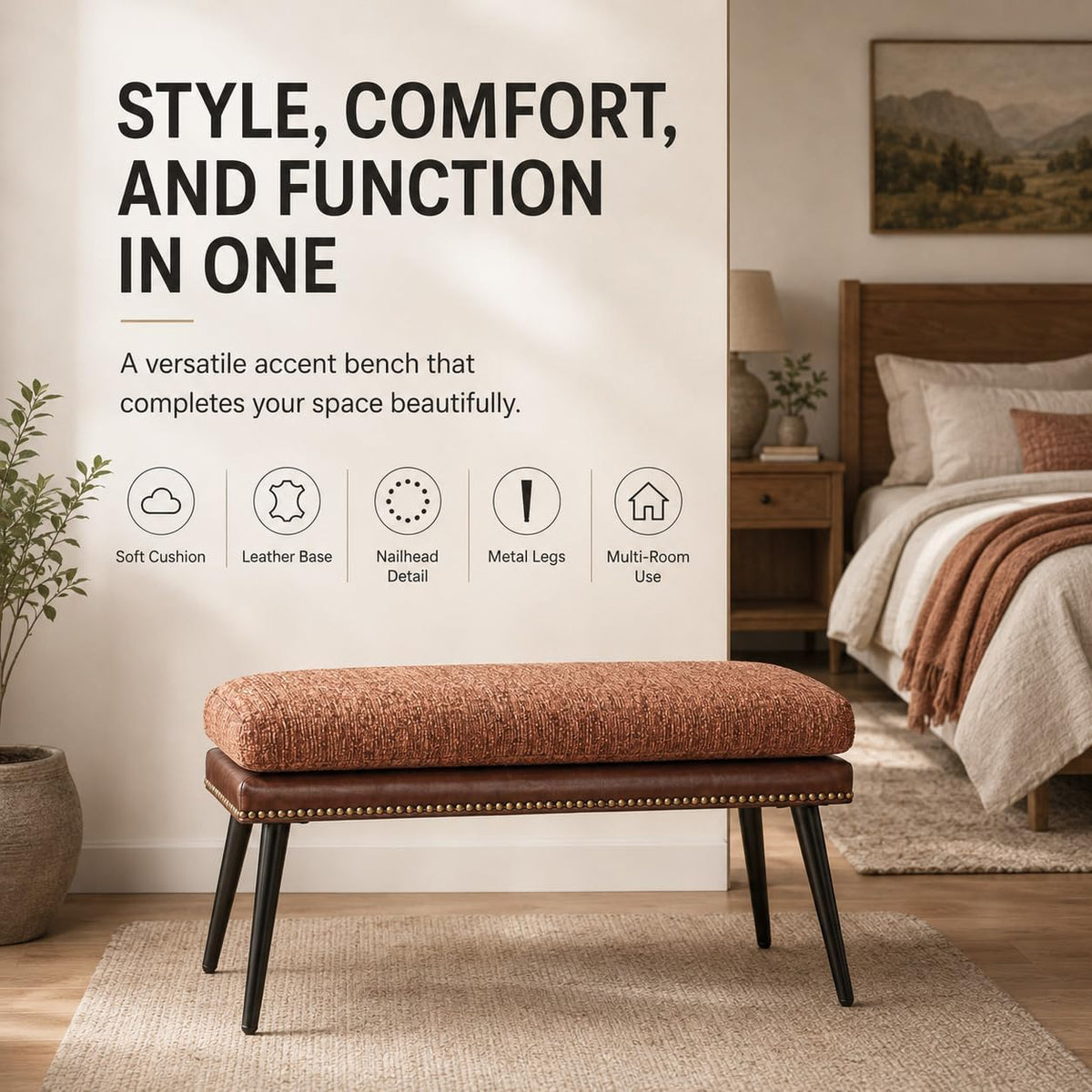 Forteek 32" Retro Upholstered Entryway Bench, Shoe Bench with Cushion | Leather & Fabric Padded Bench, End of Bed Bench for Bedroom, Dining Bench for Living Room, Storage Bench for Hallway & Foyer