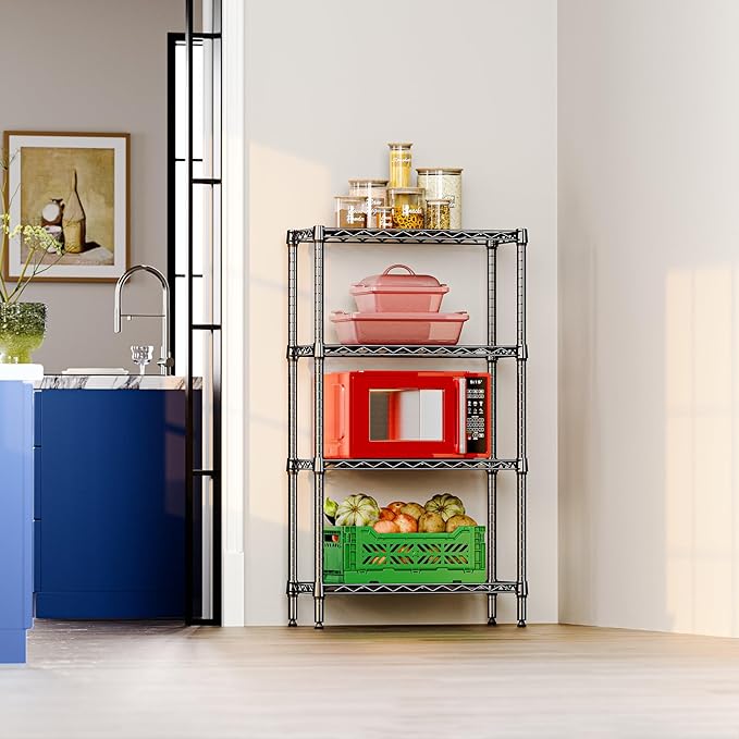 IZEUK 4 Tier Steel Storage Shelves, Heavy Duty Metal Shelf Wire Shelving Rack for Pantry, Kitchen, Living Room, or Office Organization (11.8" D x 25.6" W x 45.5" H, 1000LBS, Black)