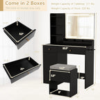 CHARMAID Makeup Vanity Desk with Lighted Mirror & Charging Station, Vanity Table with Storage Stool, Drawers, Cabinet & Shelves, LED Mirror with 3 Color Lights, Dressing Table for Bedroom (Black)