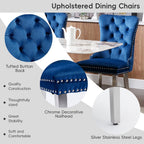 Modern Velvet Upholstered Dining Chairs Set of 4 - Tufted Back with Nailhead Trim & Silver Stainless Steel Legs for Kitchen, Dining Room, Living Room (Blue)