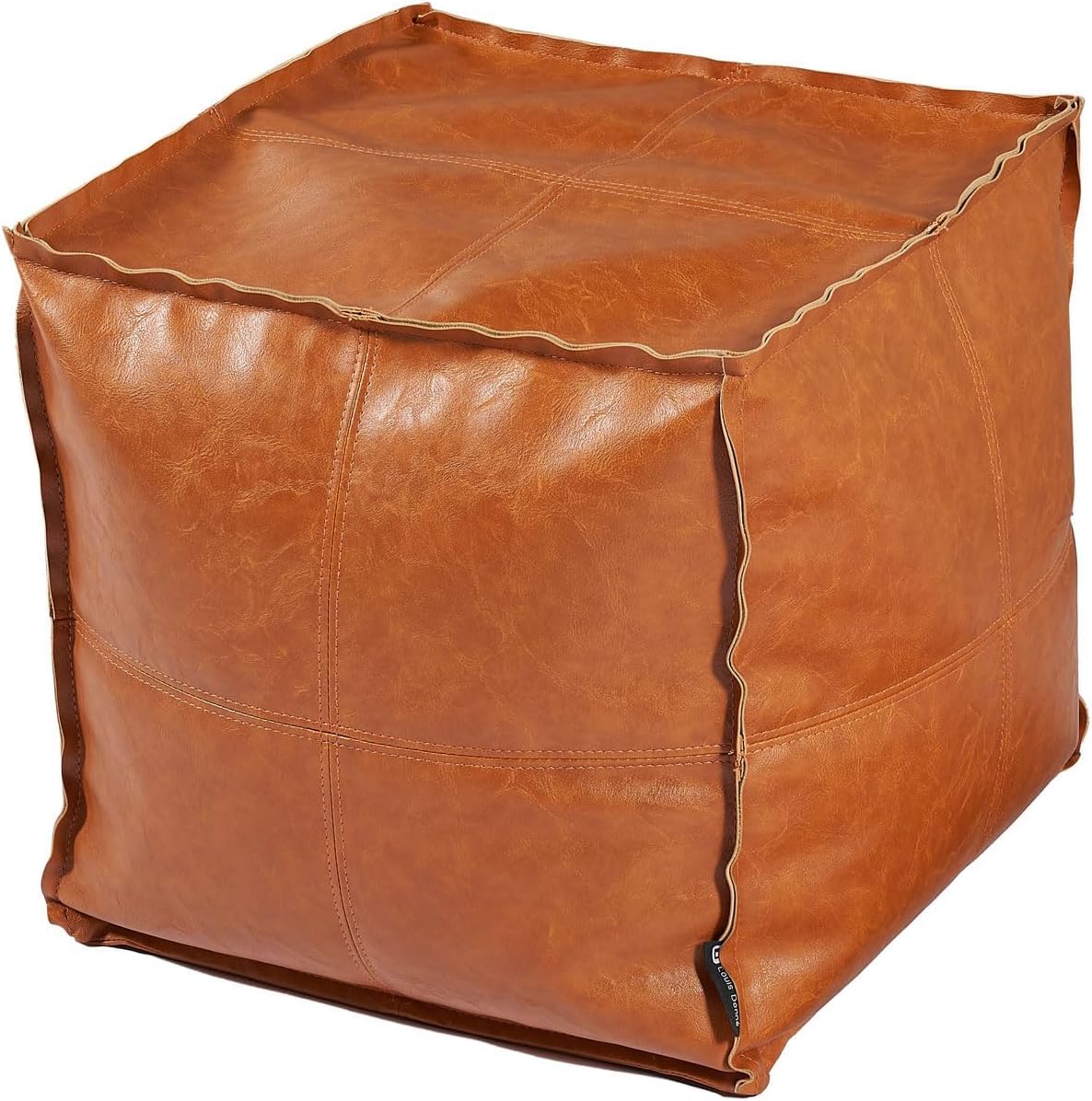 Pouf Ottoman, Unstuffed Pouf Cover, Handmade Faux PU Leather Moroccan, Orange Brown 17.7" Square, Foot Rest for Living Room, Floor Chair Gifts for Men Women, (Only Cover)