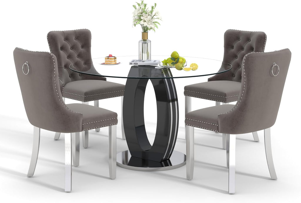 RGZ 5 PCS Luxury Clear Glass Round Dining Table Set, 39'' Modern Circle Glass Top Kitchen Table with Black Silver Legs & 4 Gray High-end Tufted Chairs for Apartment Home Dining(Silver Base)