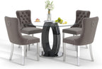 RGZ 5 PCS Luxury Clear Glass Round Dining Table Set, 39'' Modern Circle Glass Top Kitchen Table with Black Silver Legs & 4 Gray High-end Tufted Chairs for Apartment Home Dining(Silver Base)