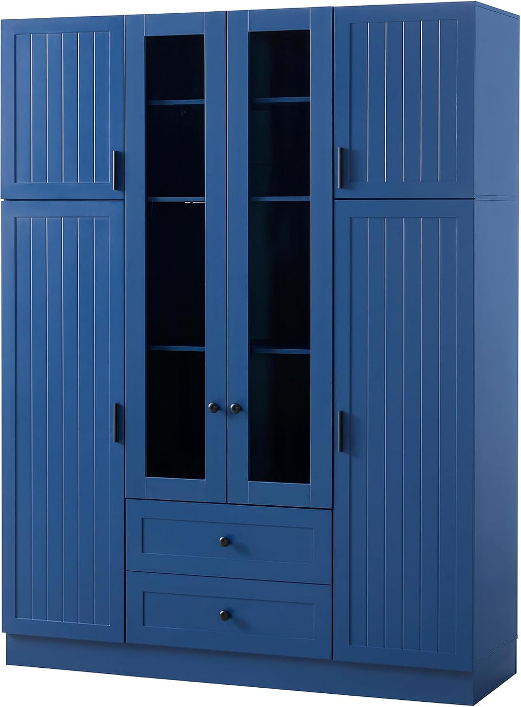 Modern Pantry Storage Cabinet with Adjustable Shelves and Drawers, 6 Doors Wood Cupboard with Pull-Out Trays and Wine Rack for Dining Room, Kitchen (Blue)