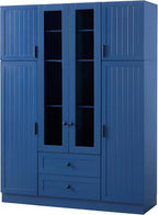 Modern Pantry Storage Cabinet with Adjustable Shelves and Drawers, 6 Doors Wood Cupboard with Pull-Out Trays and Wine Rack for Dining Room, Kitchen (Blue)