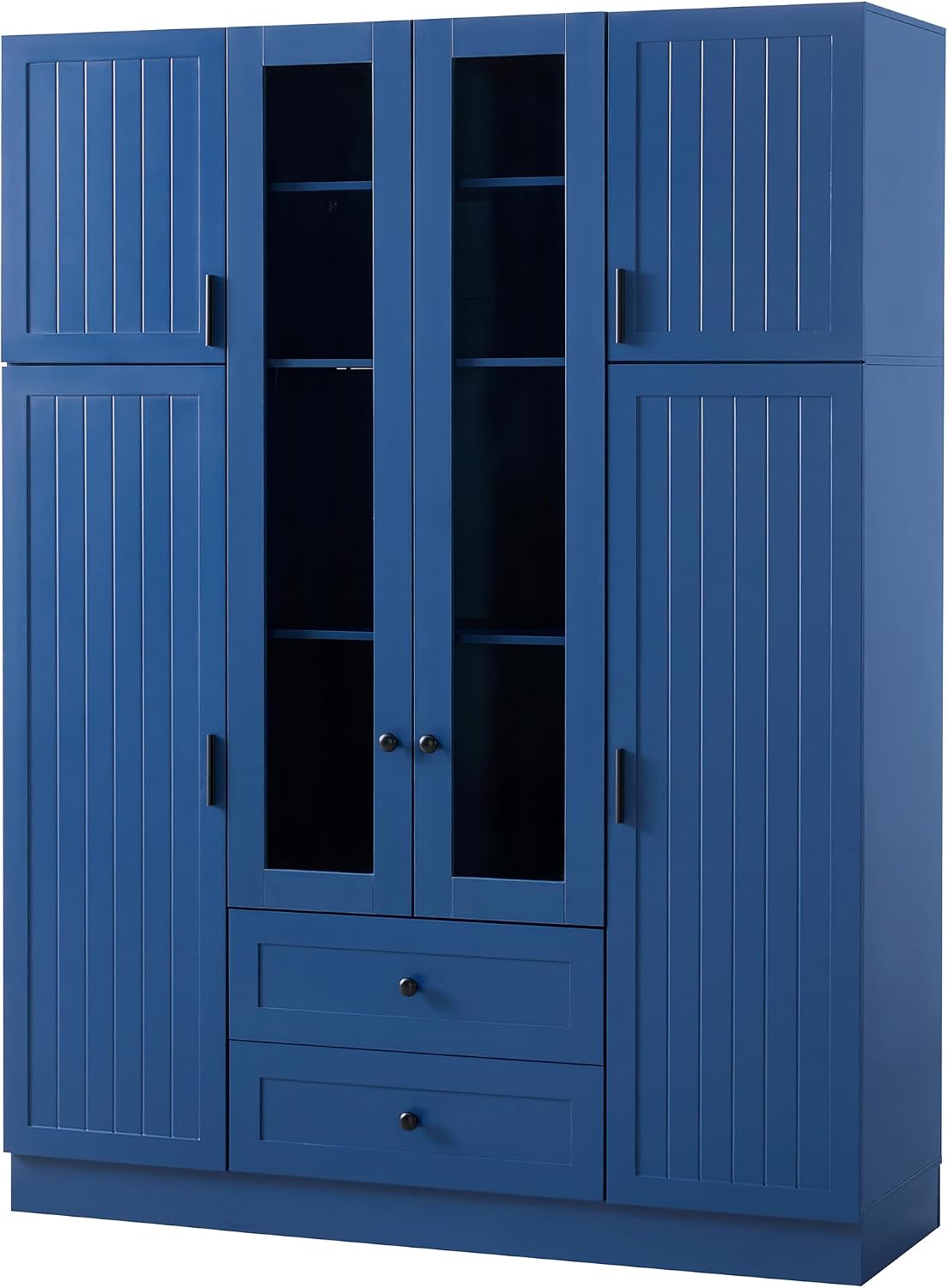Modern Pantry Storage Cabinet with Adjustable Shelves and Drawers, 6 Doors Wood Cupboard with Pull-Out Trays and Wine Rack for Dining Room, Kitchen (Blue)