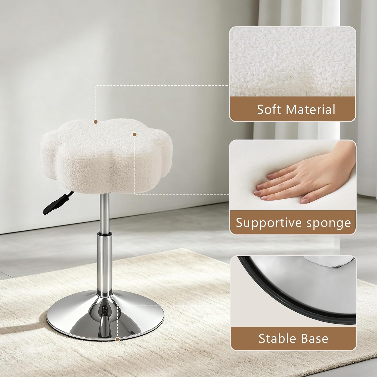 LITZFUR Adjustable Vanity Stool, Swivel Makeup Chair for Vanity, White | Flower Shaped Vanity Chair, Patterned Small Ottoman Footrest for Bathroom, Bathroom, Living Room