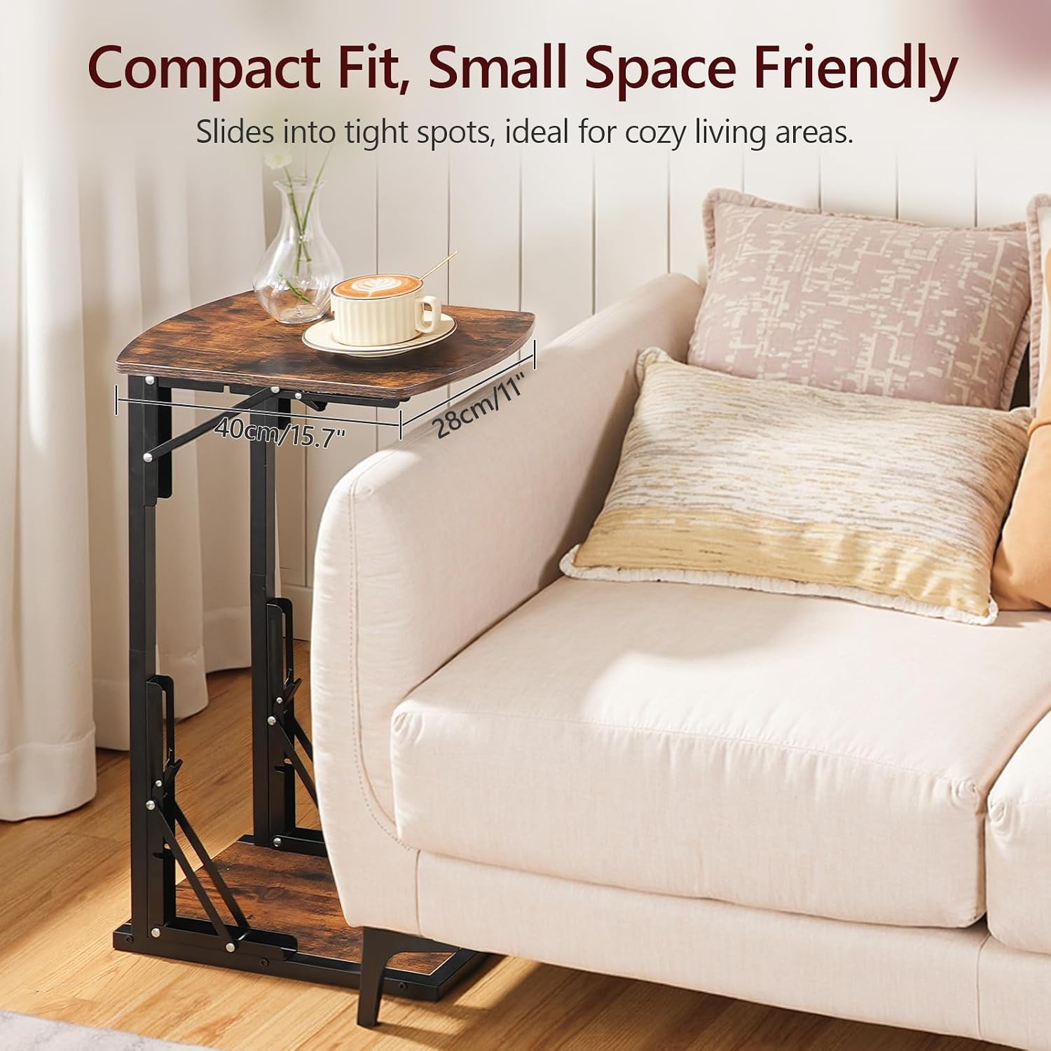 MAHANCRIS Folding C Shaped End Table, Adjustable Small Sofa Side Laptop Desk, Foldable Couch TV Tray Table for Small Spaces, Living Room, Bedroom, Rustic Brown ETHR4101