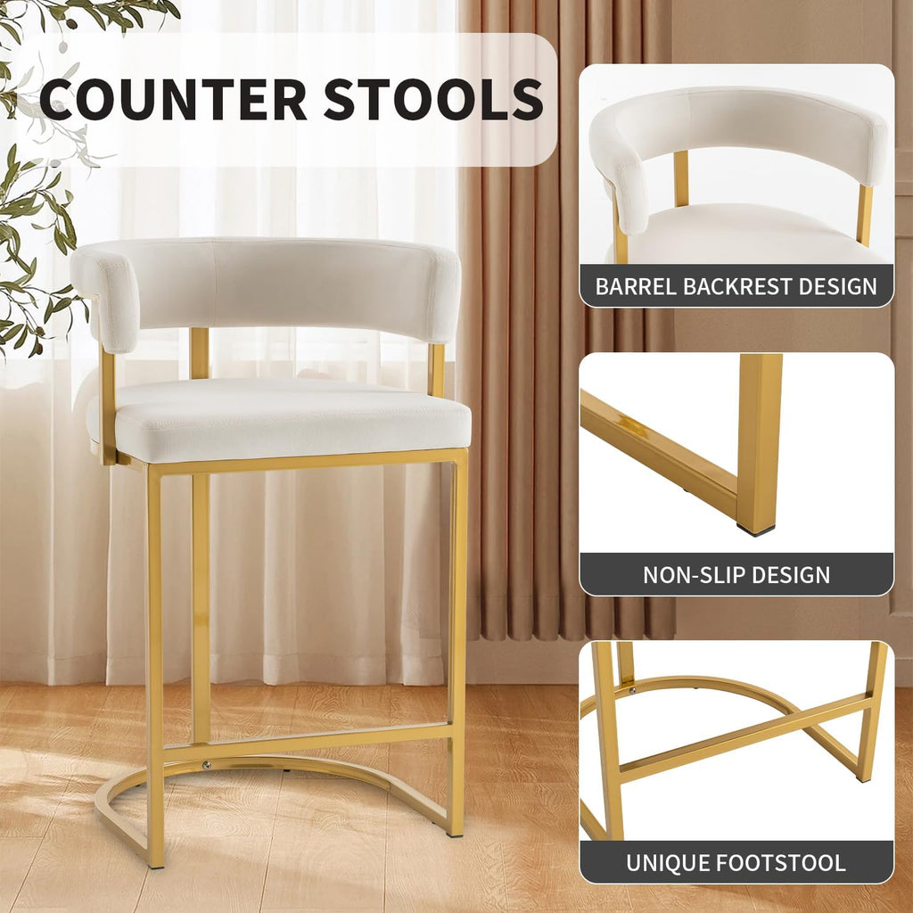 Modern Barrel Bar Stools Set of 3, 24" Velvet Counter Height Stools with Comfy Back and Arms, Sherpa Upholstered Kitchen Island Chair for Home Bar, Ivory
