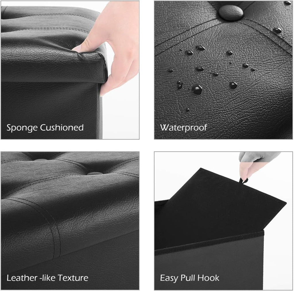 Youdesure 30" Ottoman with Storage, Folding Faux Leather Bench, Black | Foldable ottoman with hidden storage, padded seat and sturdy MDF frame for everyday use.