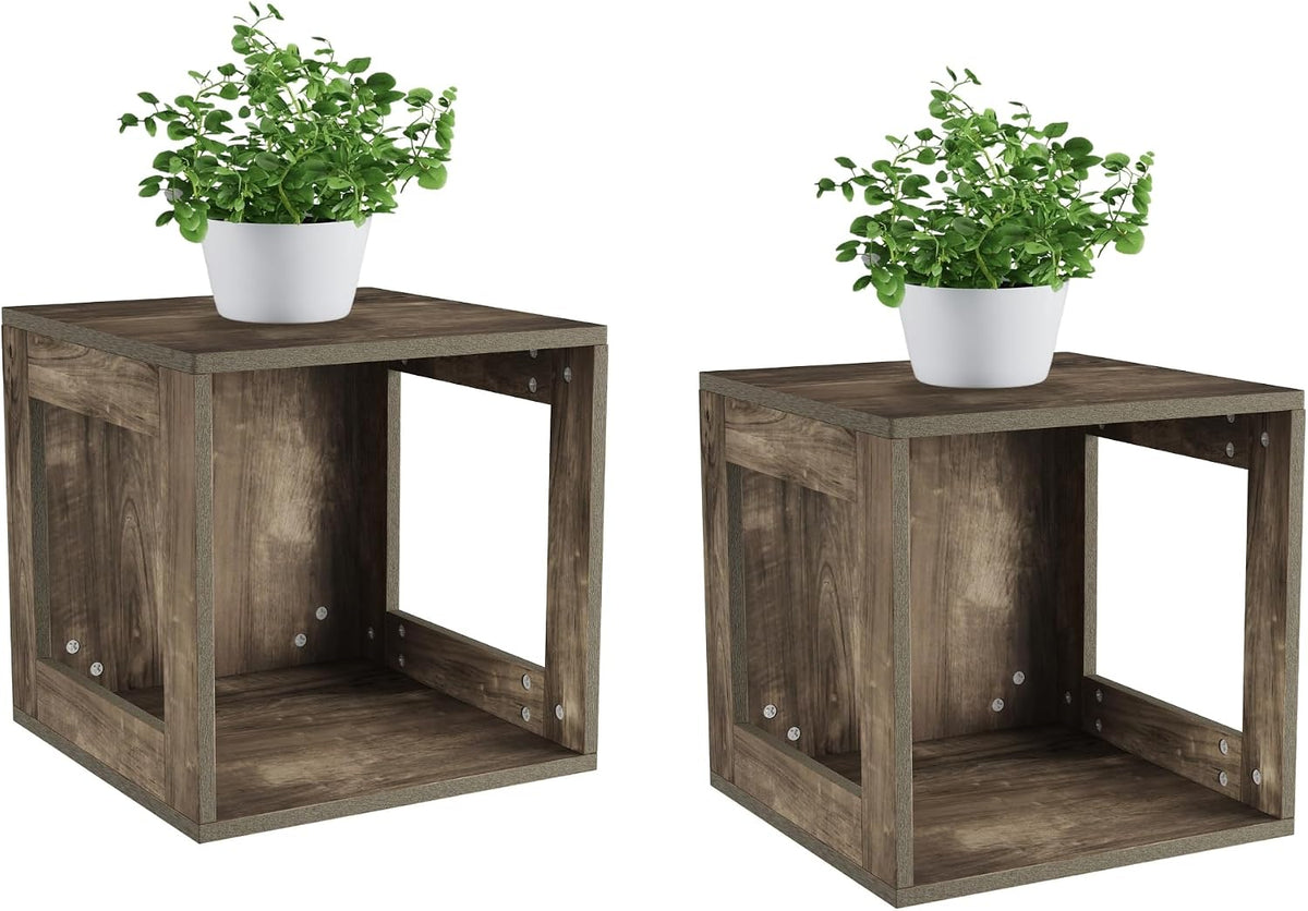 Lavish Home Side Table with Storage - Set of 2 Minimalist Modern Nightstand or End Table with Open Sides - Stackable Modular Accent Table for Bedroom, Living Room, or Office (Gray Woodgrain)