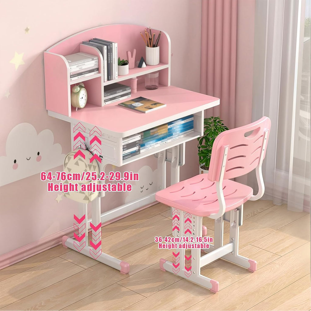 1 Set Kids Desk Chair Set, Height Adjustable Children School Study Table Chair Sets with Storage Drawer, Ergonomic Desk Chairs with Book Stand, Partition Design Pink 70 cm